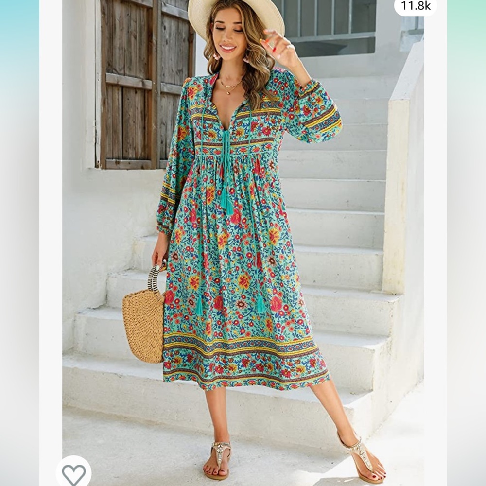 R. Vivimos High Waist Boho Floral Long Sleeve Midi Dress 8/10